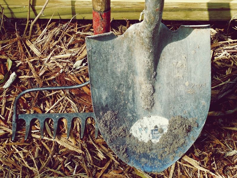 shovel on top of a rake