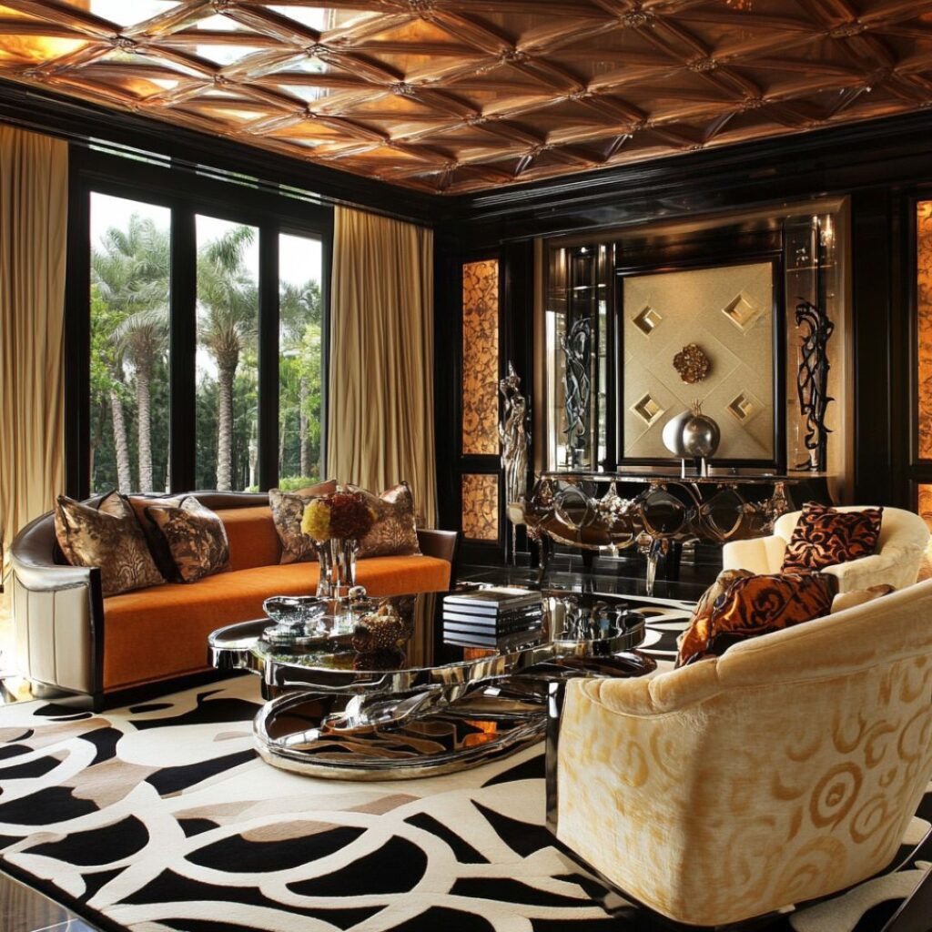 Art Deco Living Room With Contrasting Colors And Pattern