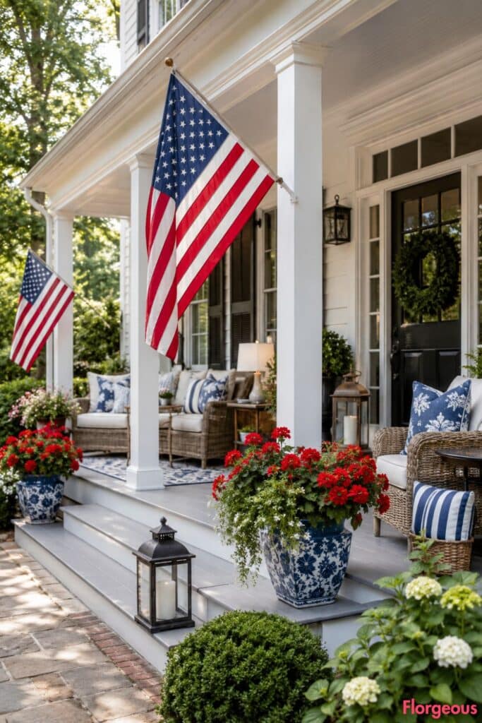 USA decor on a front porch with flags
