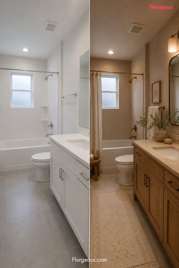 Before and after bathroom showing plain white space updated with earth tones
