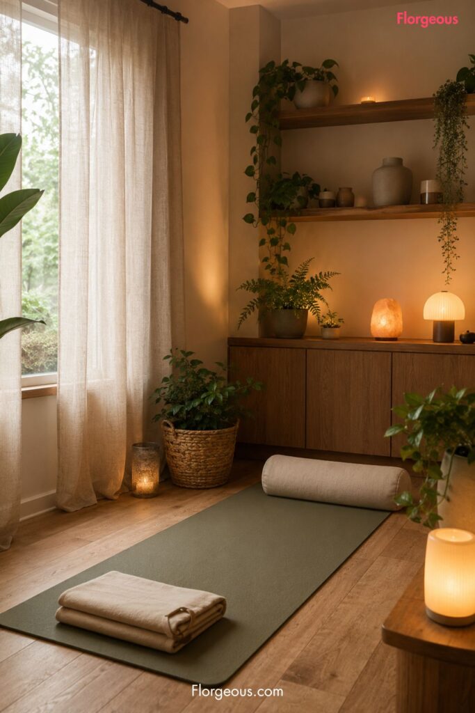 Calm wellness room with yoga mat, plants and soft neutral decor