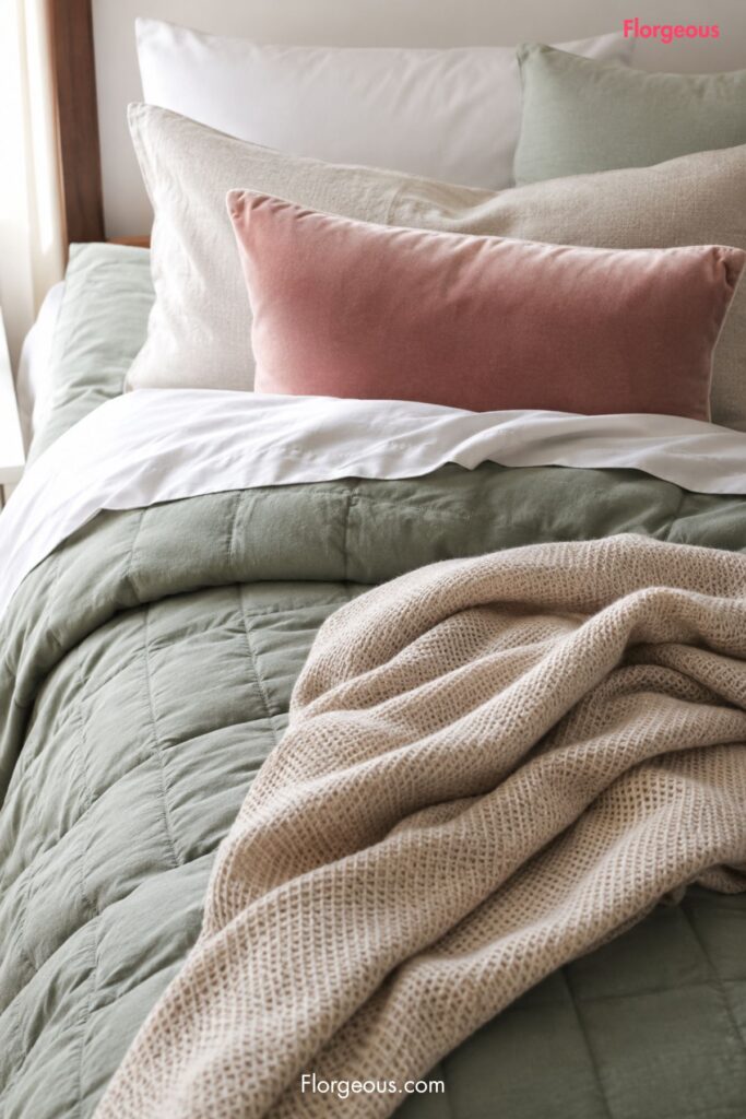 Close-up of dorm bedding with waffle knit throw, cotton sheets, and textured pillows