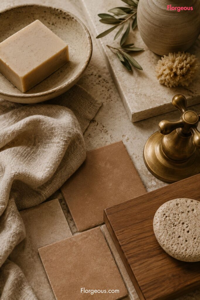 Close-up of earth tone bathroom materials including tile, wood, stone, and linen