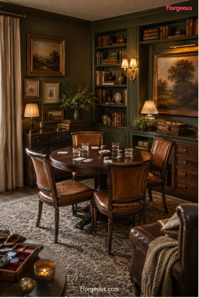 Cozy card room with round table, vintage chairs and built-in shelves