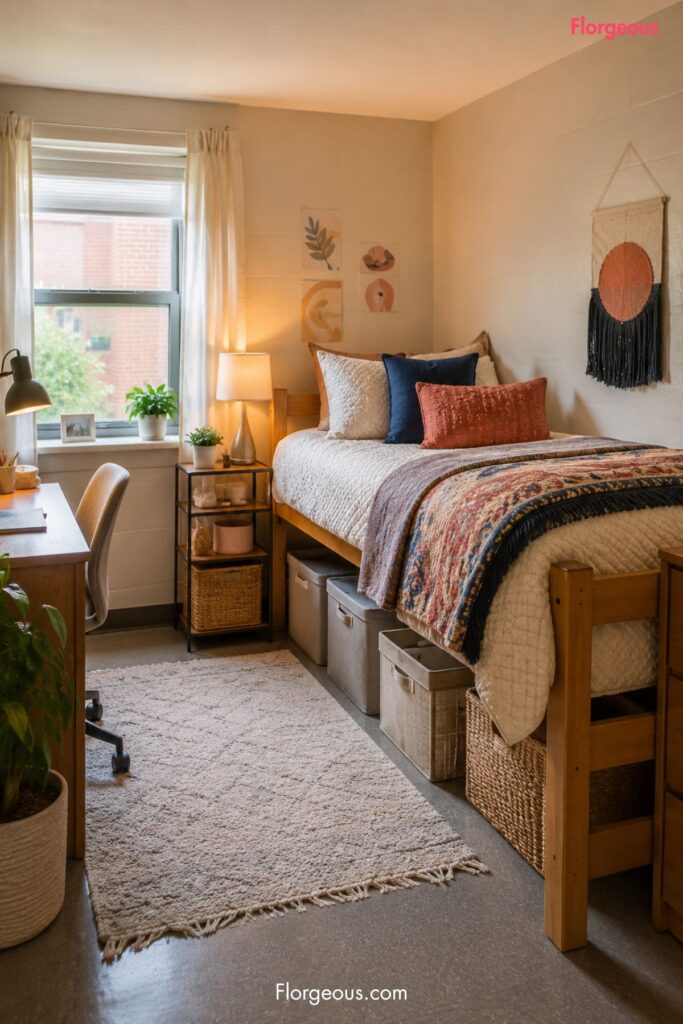 Cozy dorm room with layered bedding, colorful pillows, and a soft throw