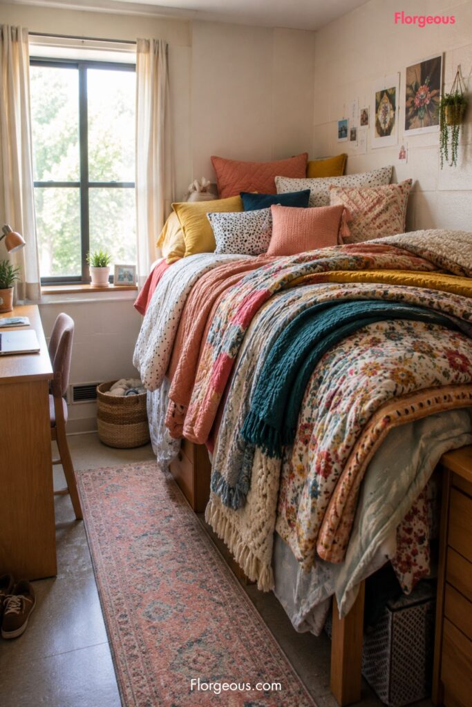 Dorm bed with too many pillows and clashing colors in a small room