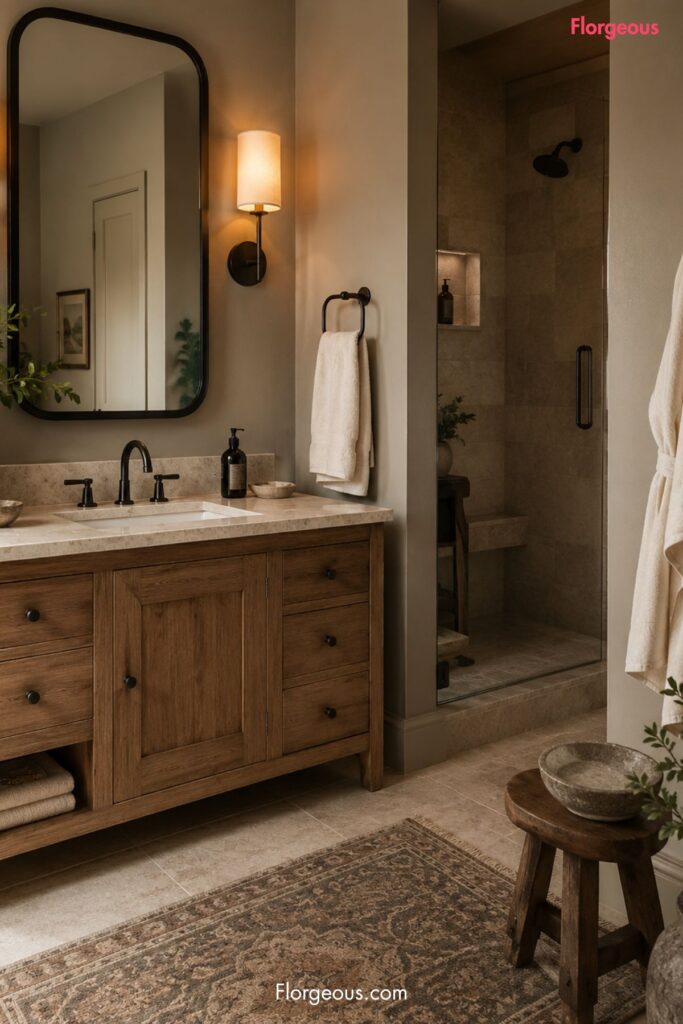 Earth tone bathroom showing balanced contrast with cream towels and dark hardware