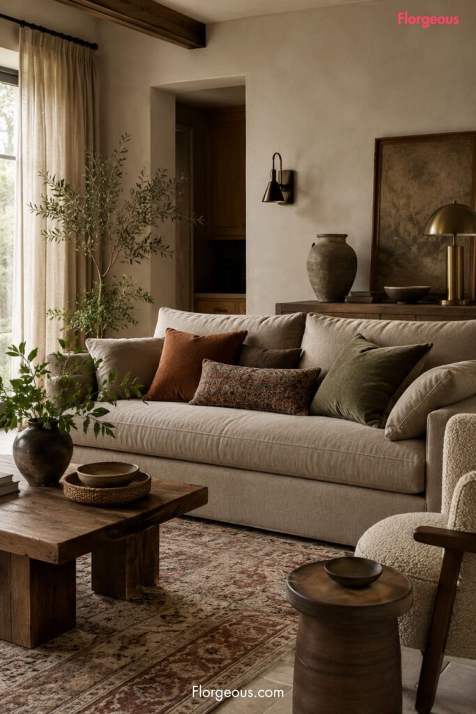 Earthy living room with rust, chocolate brown, mushroom and cream decor