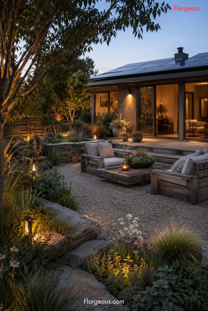 Eco-friendly patio with native plants, permeable paving and warm garden lighting
