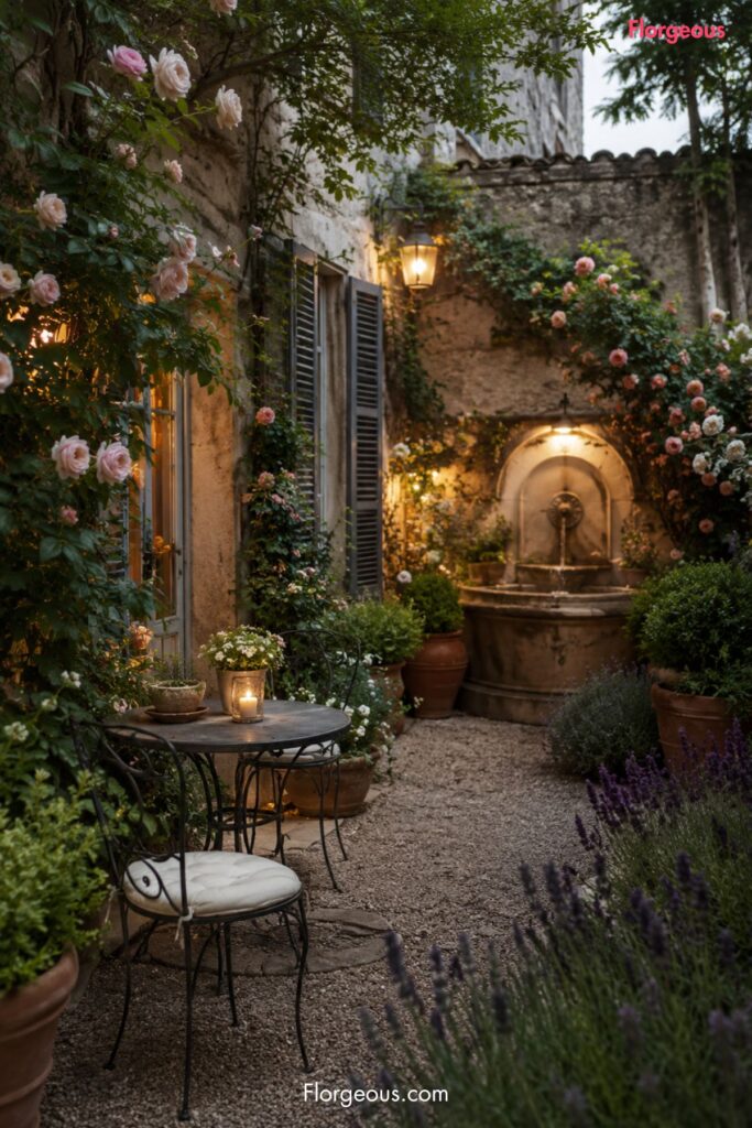 Small European style courtyard with gravel, terracotta pots and cafe chairs