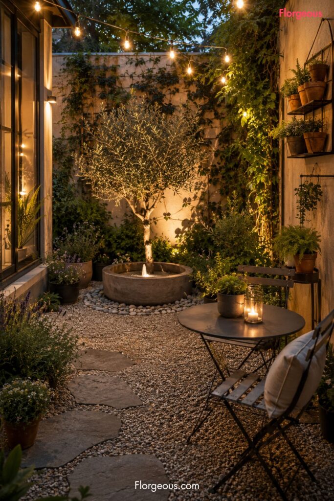 Small courtyard patio with climbing plants, cafe seating and string lights