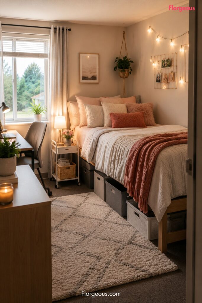 Small dorm room layout with a styled bed, desk, storage bins, and warm lighting