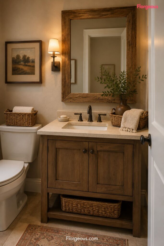 Small guest bathroom with warm neutral walls and rustic wood mirror