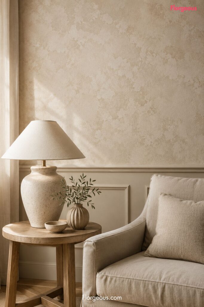 Textured limewash wall with linen chair and warm neutral decor
