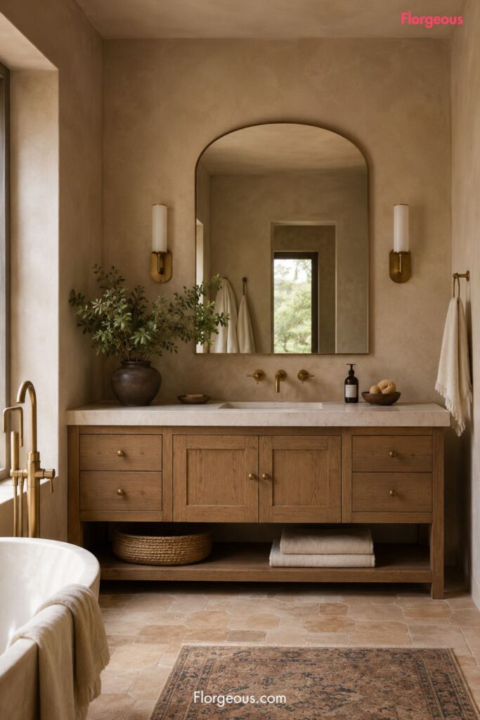 Warm clay bathroom with natural wood vanity and soft neutral decor