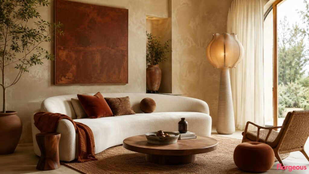 Warm living room with curved sofa, textured walls and earthy decor