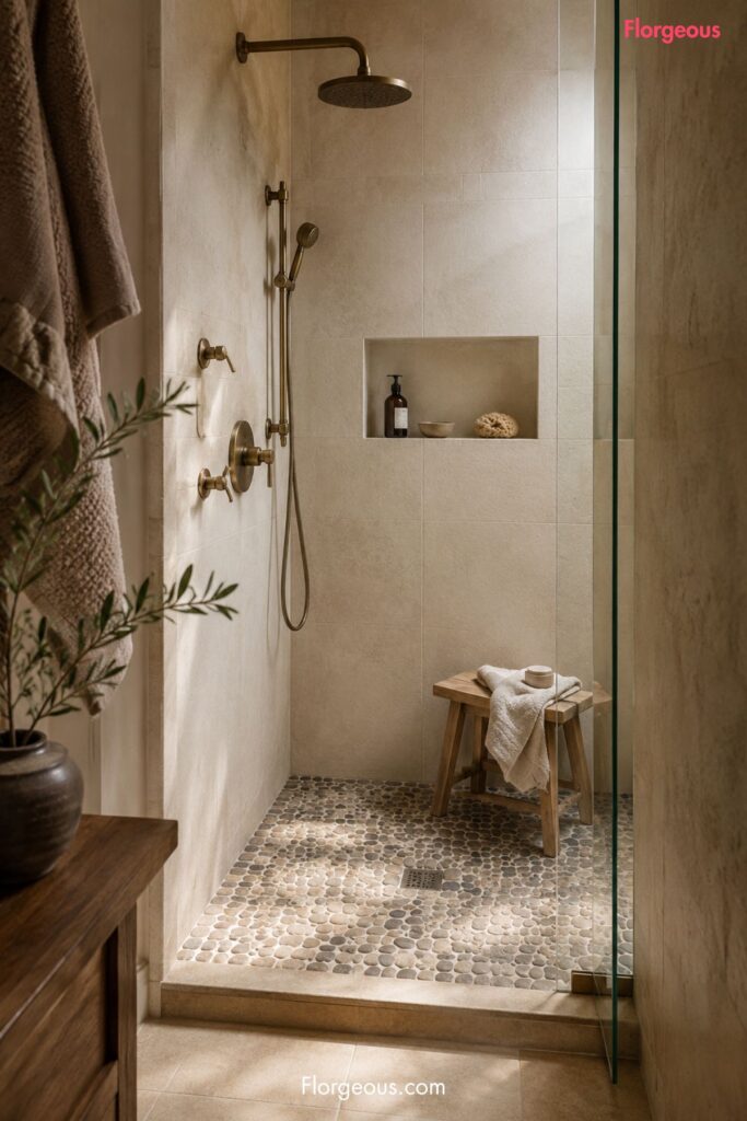 bathroom shower with a pebble stone floor