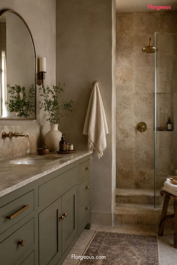 bathroom with a muted olive vanity