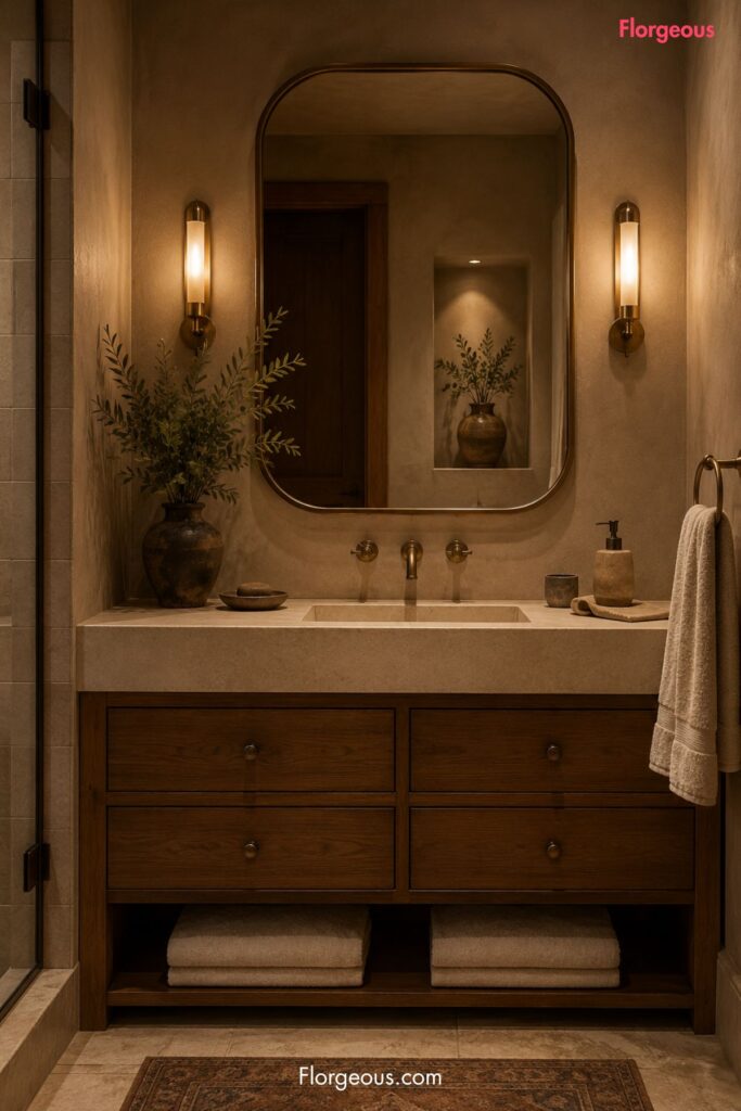 bathroom with clay-taupe walls, aged brass faucet