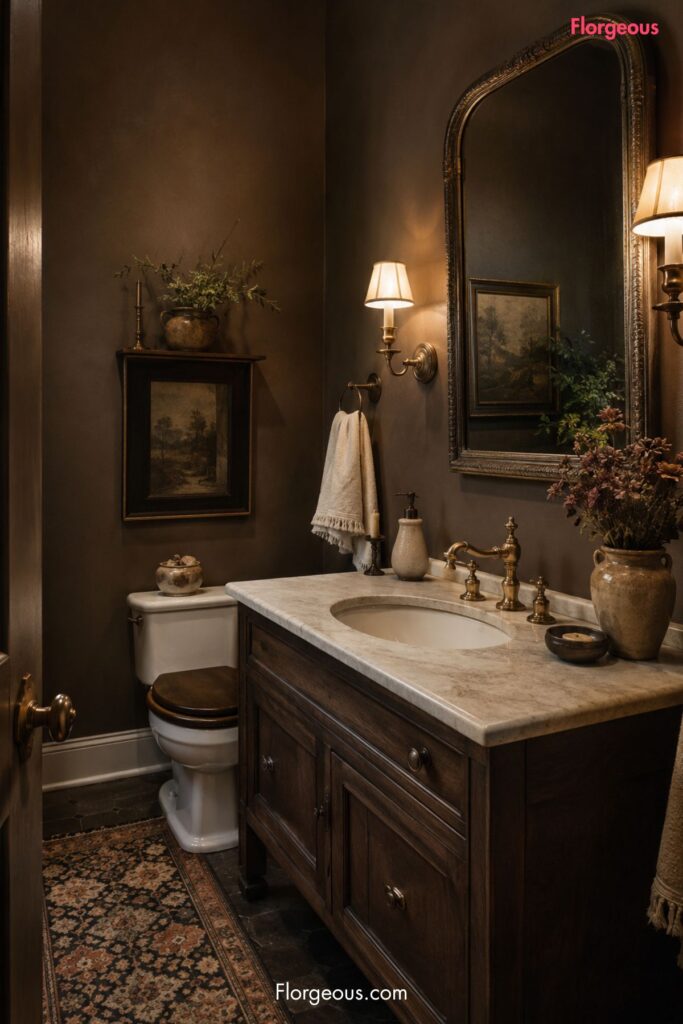bathroom with deep mushroom-brown walls