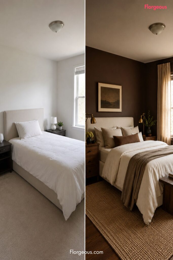 Before and after bedroom with white walls changed to chocolate brown walls