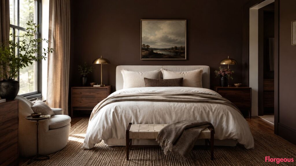 Chocolate brown bedroom with ivory bedding, warm wood furniture, and brass lamps