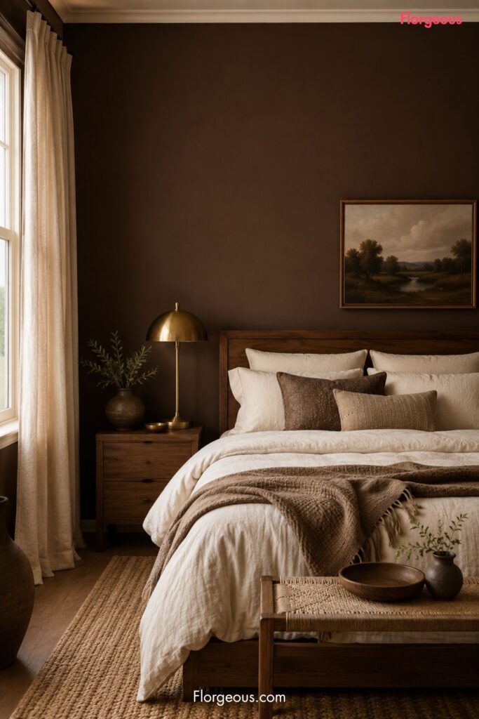 Pinterest-style chocolate brown bedroom with warm earthy decor