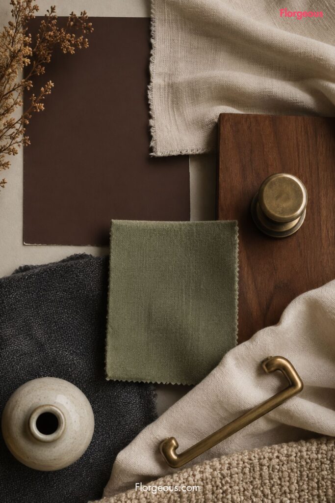 Chocolate brown paint sample with cream fabric, wood, brass, and sage green accents