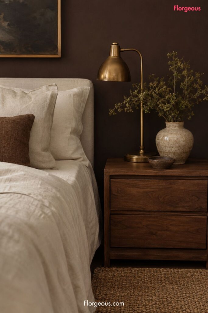 Close-up of chocolate brown bedroom materials with linen, wood, brass, and ceramic