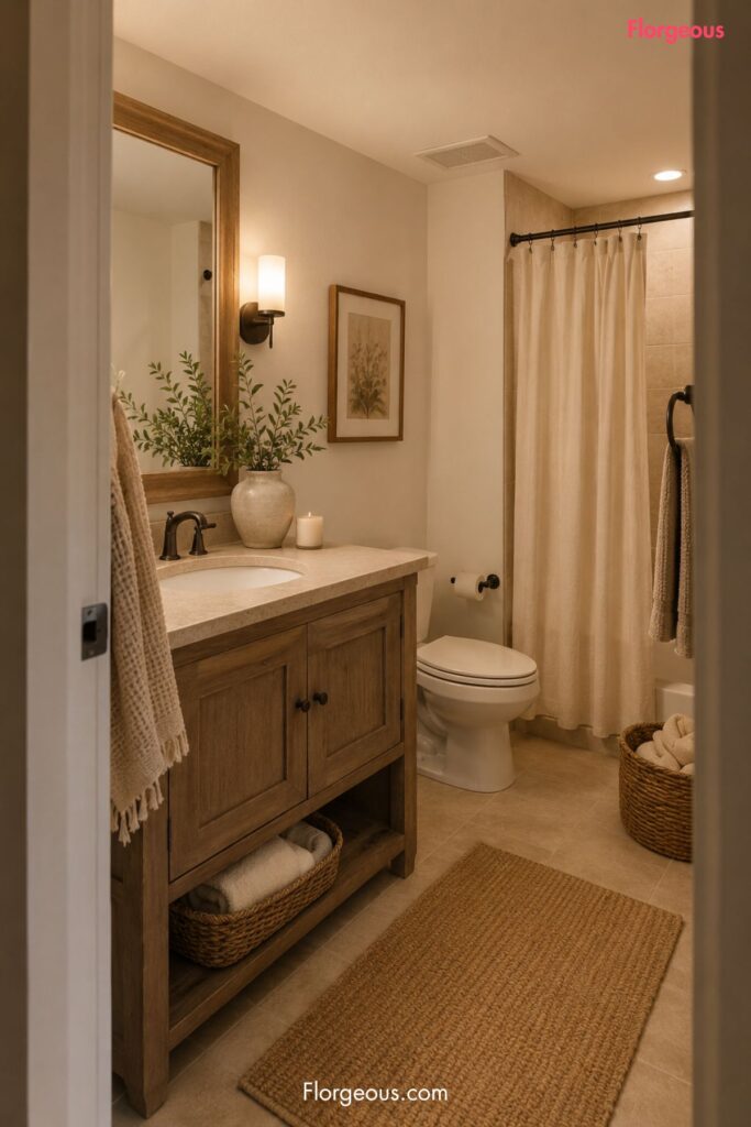cream and beige layers, a wood-framed mirror