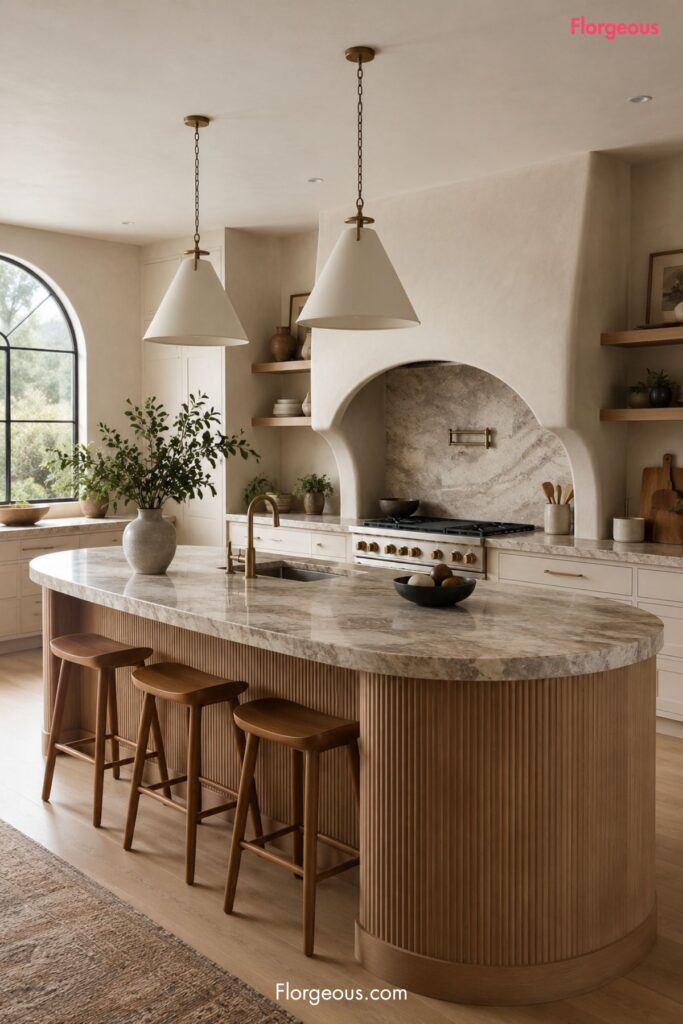 curved kitchen island with arched range hood and warm modern finishes