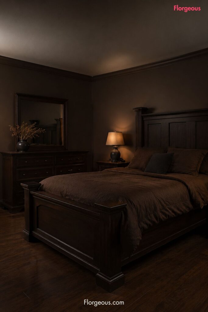 Dark bedroom showing chocolate brown walls with overly heavy furniture and poor lighting