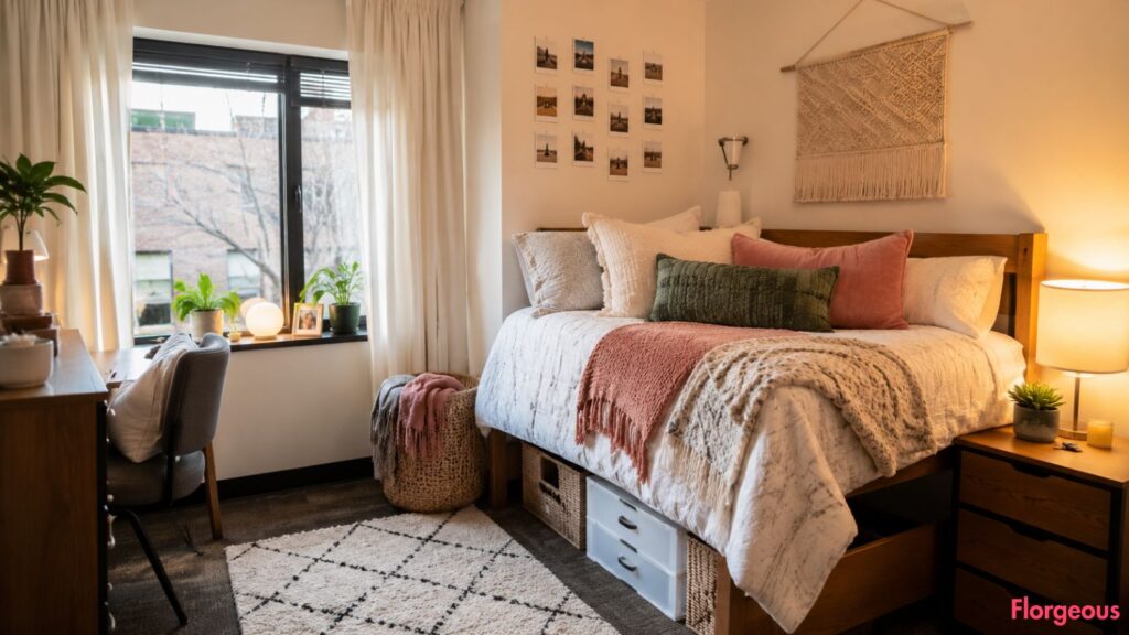 Layered dorm bedding with colorful pillows and a cozy throw in a small college room