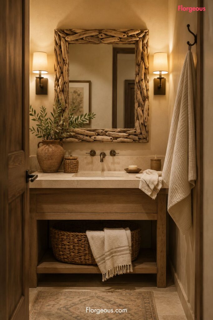 driftwood-framed mirror, beige walls