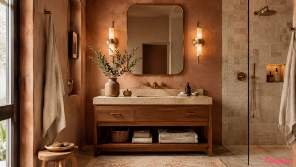 Earth tone bathroom with clay walls, wood vanity, stone textures, and warm spa lighting