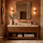 Earth tone bathroom with clay walls, wood vanity, stone textures, and warm spa lighting