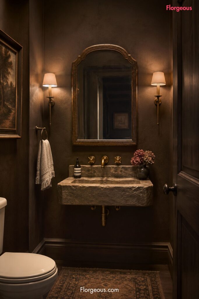 moody brown powder room