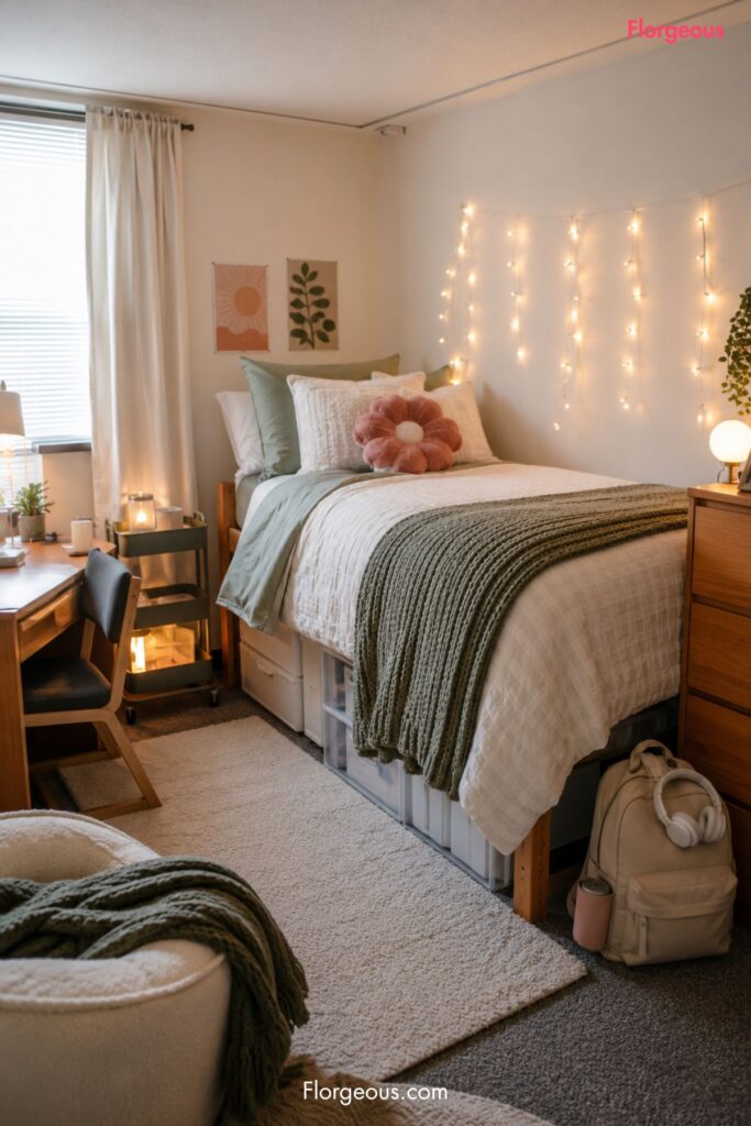 personalized dorm room with a twin XL bed