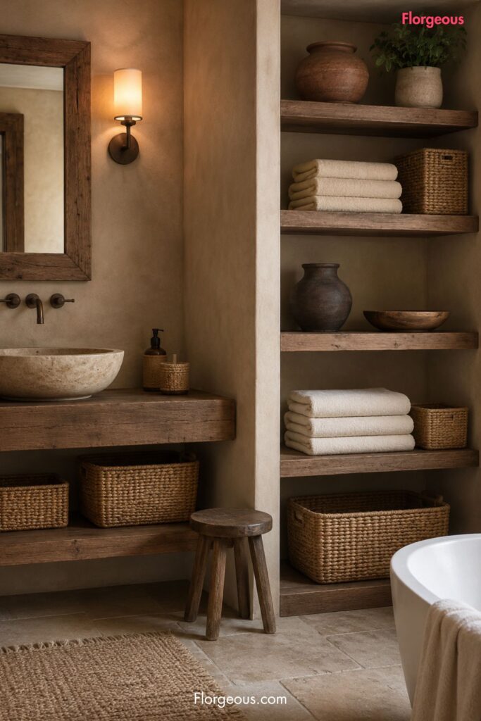 rustic wood open shelves styled with cream towels