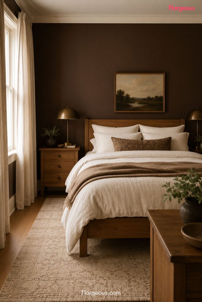 Soft chocolate brown bedroom with accent wall, cream bedding, and warm lamps