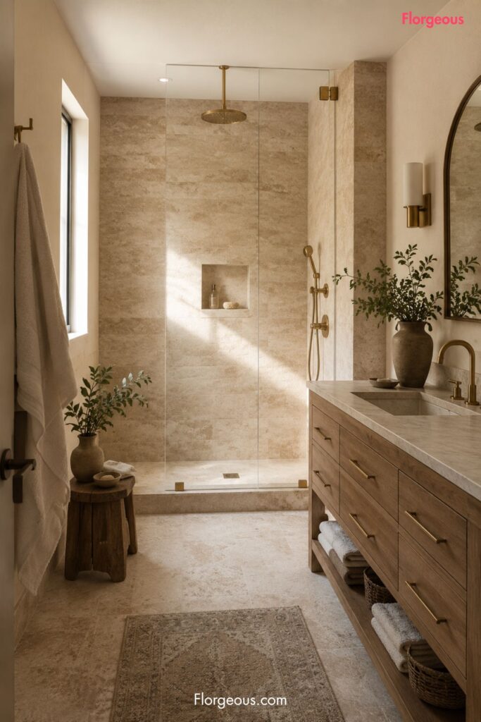 travertine-look tile in the shower