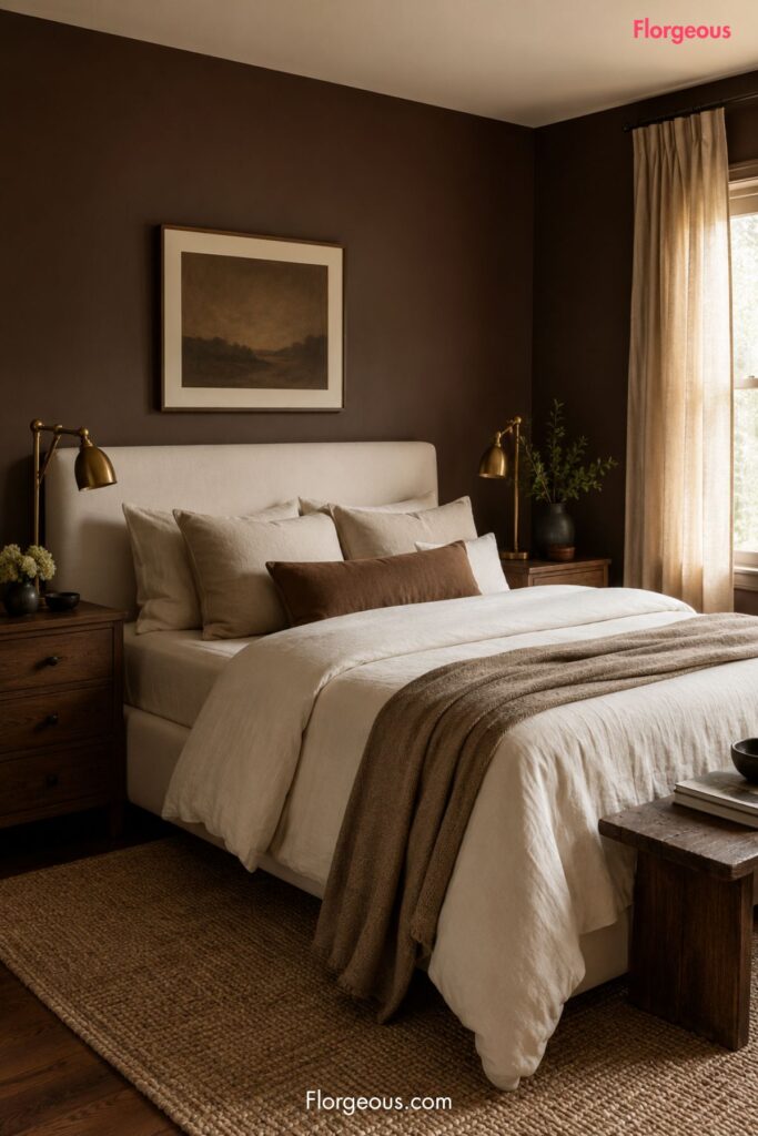 Warm chocolate brown bedroom with cream bedding and walnut nightstands
