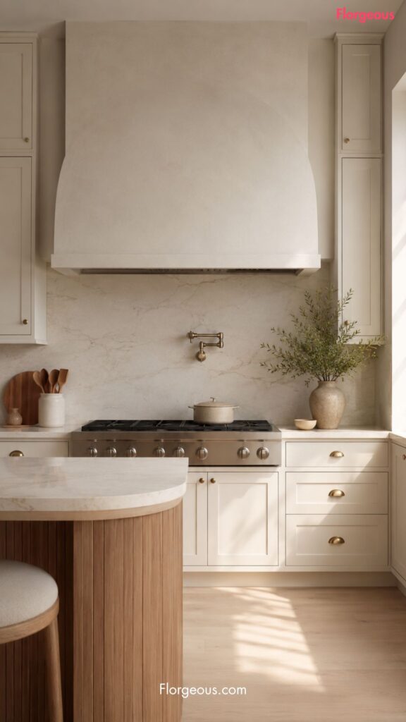 Arched range hood in a soft modern kitchen