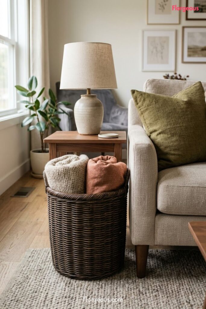 basket beside the sofa