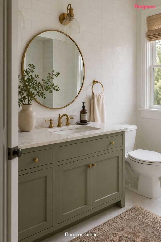 Bathroom with sage green vanity, white tile, stone counter, brass hardware, and cream towels