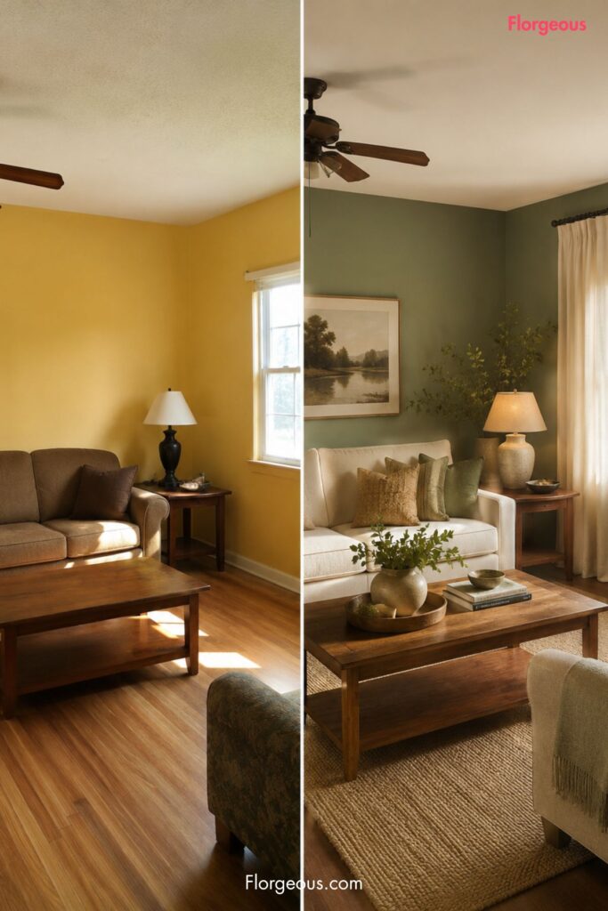 A dated ochre yellow living room gets a warmer, buyer-friendly refresh with sage green walls, cream upholstery, layered textures, warm wood, and natural decor.