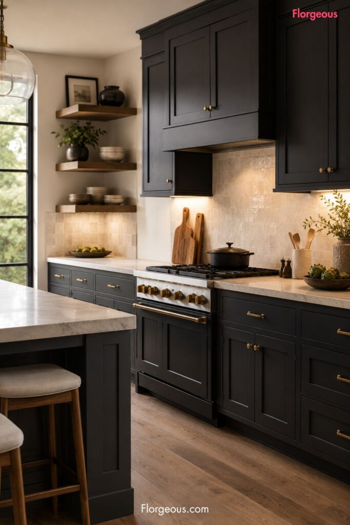 Charcoal gray kitchen with light stone counters, warm wood shelves, brass pulls, and cream walls