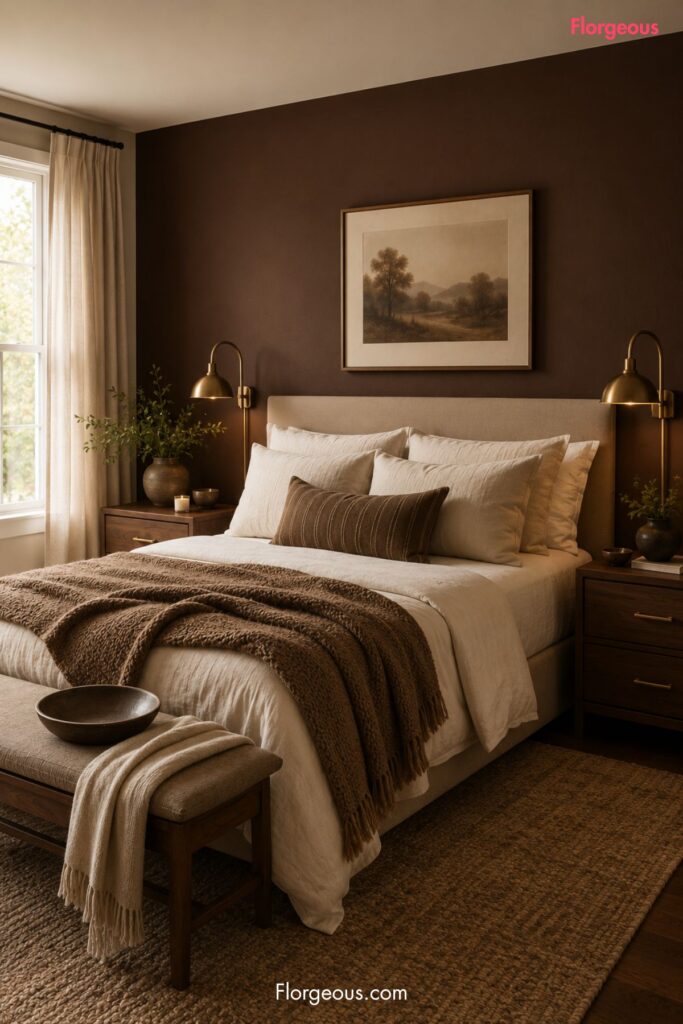 Chocolate brown bedroom with ivory bedding, walnut nightstands, brass lamps, and linen curtains