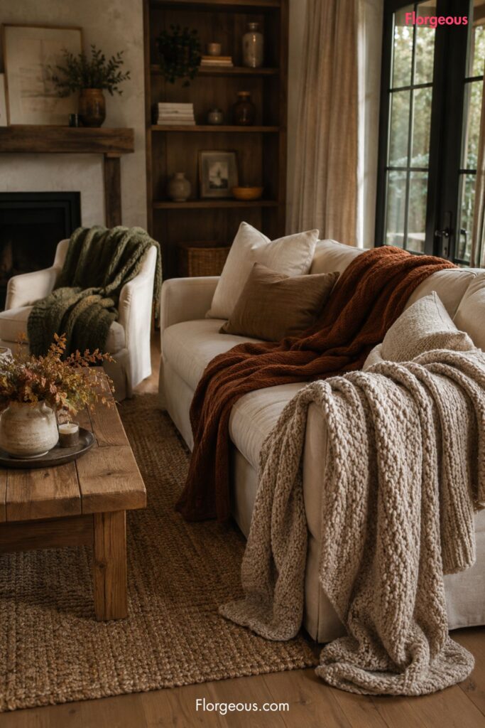 chunky throws over living room seating