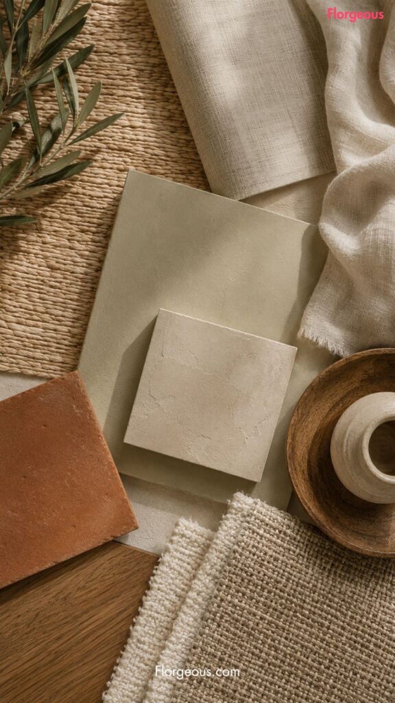 Close-up of linen wallpaper, seagrass texture, limewash sample, and terracotta tile